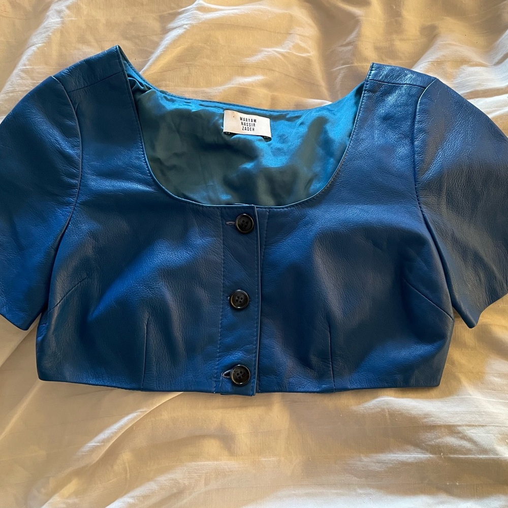 Maryam Nassir Zadeh Blue leather buttoned crop top
